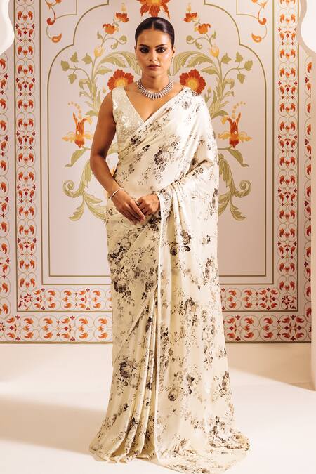 Shop Studio 113 White Silk, Satin Embroidery Floral Print Saree With Blouse Online at Aza Fashions Shop_Studio 113_White Silk, Satin Embroidery Floral Print Saree With Blouse _Online_at_Aza_Fashions