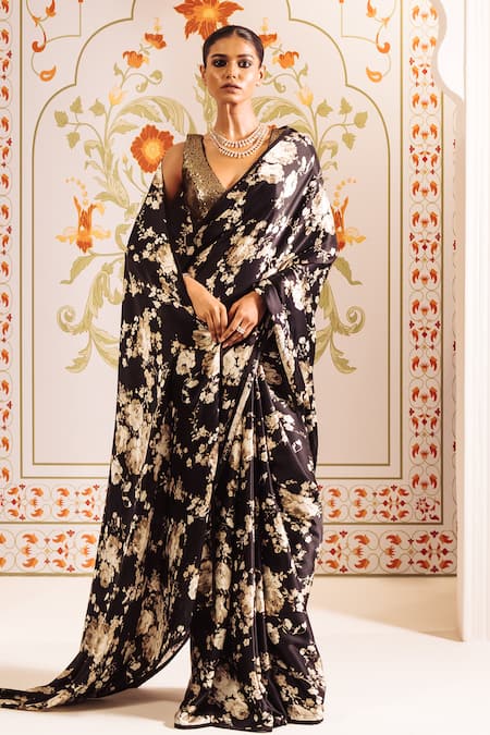 Studio 113 Black Silk, Satin Floral Contrast Print Saree Online at Aza Fashions Studio 113_Black Silk, Satin Floral Contrast Print Saree _Online_at_Aza_Fashions