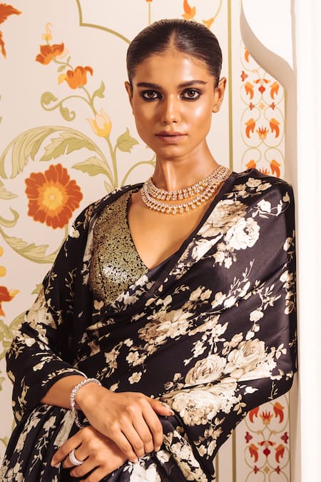 Buy Studio 113 Black Silk, Satin Floral Contrast Print Saree Online at Aza Fashions Buy_Studio 113_Black Silk, Satin Floral Contrast Print Saree _Online_at_Aza_Fashions