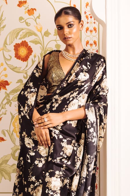 Studio 113 Black Silk, Satin Floral Contrast Print Saree at Aza Fashions Studio 113_Black Silk, Satin Floral Contrast Print Saree _at_Aza_Fashions