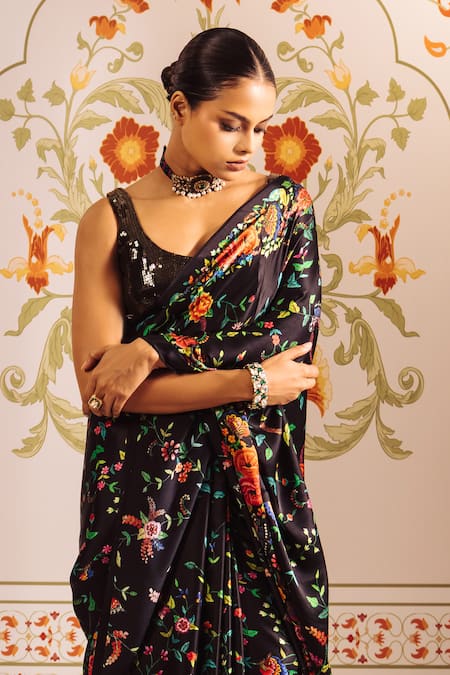 Shop_Studio 113_Black Silk Embroidery Floral Butterfly Print Satin Saree _at_Aza_Fashions