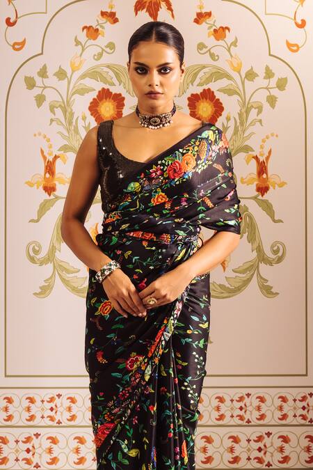Studio 113_Black Silk Embroidery Floral Butterfly Print Satin Saree _Online_at_Aza_Fashions
