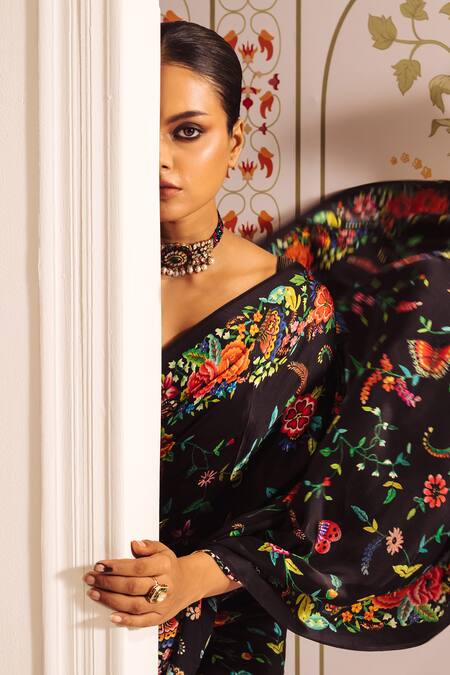 Shop_Studio 113_Black Silk Embroidery Floral Butterfly Print Satin Saree _Online_at_Aza_Fashions