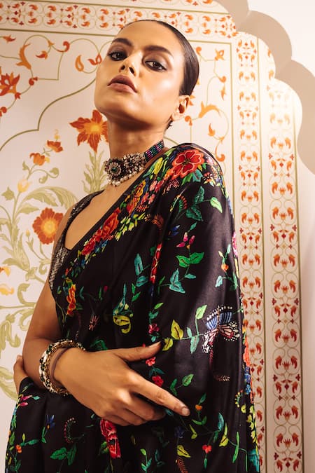 Buy_Studio 113_Black Silk Embroidery Floral Butterfly Print Satin Saree 