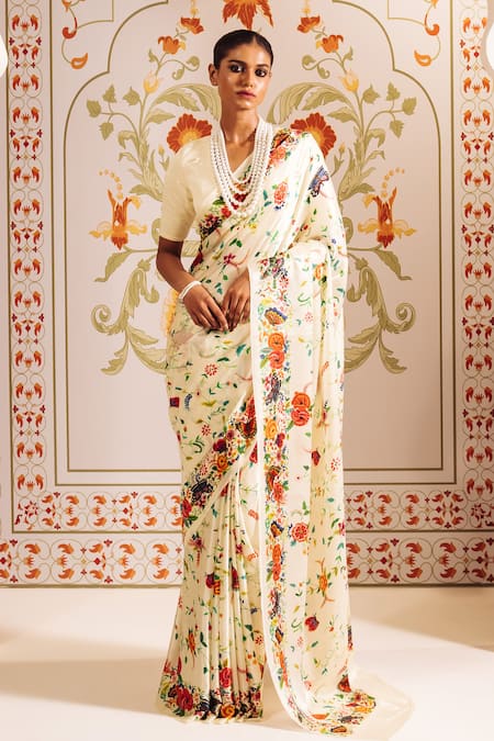 Shop_Studio 113_White Silk, Satin Floral Printed Saree With Blouse _at_Aza_Fashions