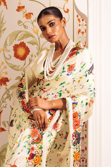 Studio 113_White Silk, Satin Floral Printed Saree With Blouse _Online_at_Aza_Fashions