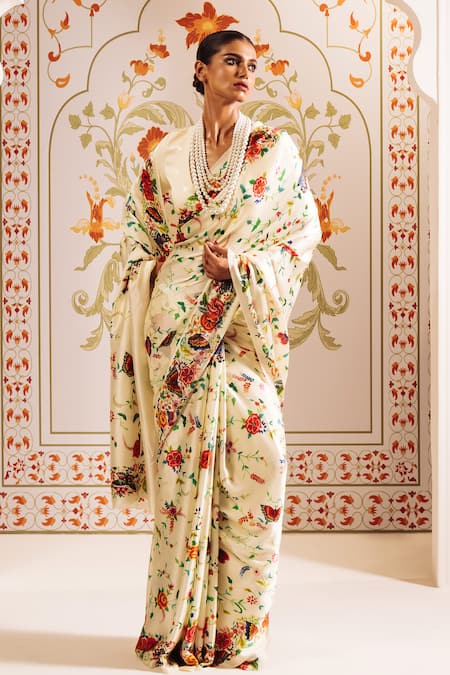 Buy_Studio 113_White Silk, Satin Floral Printed Saree With Blouse _Online_at_Aza_Fashions
