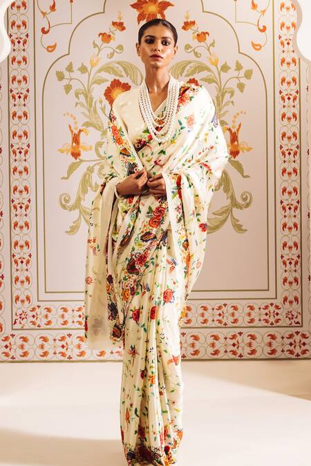Shop_Studio 113_White Silk, Satin Floral Printed Saree With Blouse _Online_at_Aza_Fashions