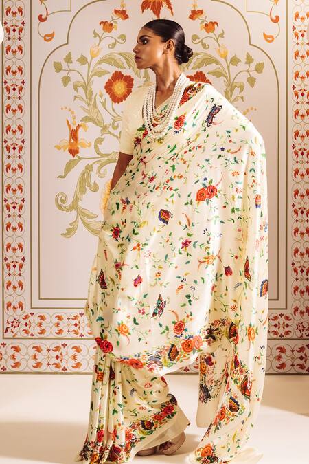 Studio 113_White Silk, Satin Floral Printed Saree With Blouse _at_Aza_Fashions