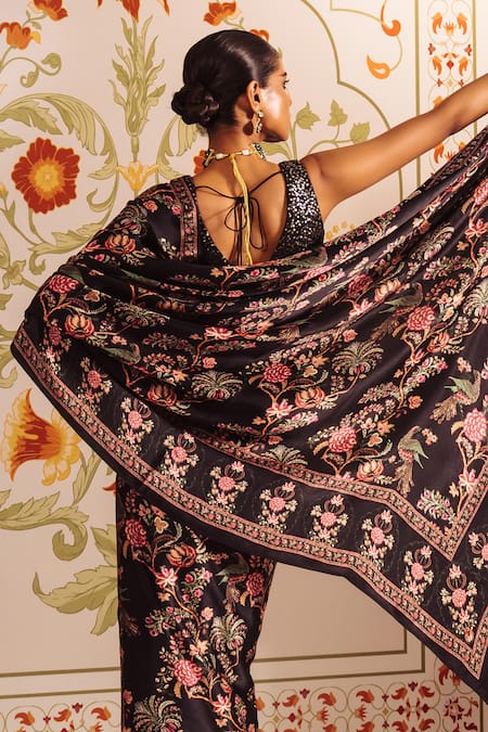 Shop Studio 113 Black Silk, Satin Embroidery Chintz Floral Print Saree at Aza Fashions Shop_Studio 113_Black Silk, Satin Embroidery Chintz Floral Print Saree _at_Aza_Fashions
