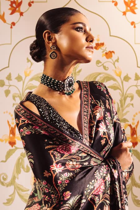 Studio 113 Black Silk, Satin Embroidery Chintz Floral Print Saree Online at Aza Fashions Studio 113_Black Silk, Satin Embroidery Chintz Floral Print Saree _Online_at_Aza_Fashions
