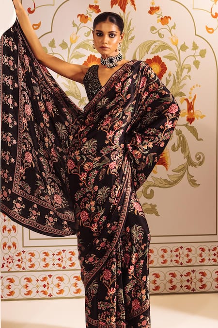 Buy Studio 113 Black Silk, Satin Embroidery Chintz Floral Print Saree Online at Aza Fashions Buy_Studio 113_Black Silk, Satin Embroidery Chintz Floral Print Saree _Online_at_Aza_Fashions