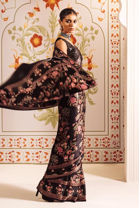 Shop Studio 113 Black Silk, Satin Embroidery Chintz Floral Print Saree Online at Aza Fashions Shop_Studio 113_Black Silk, Satin Embroidery Chintz Floral Print Saree _Online_at_Aza_Fashions