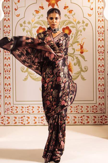 Studio 113 Black Silk, Satin Embroidery Chintz Floral Print Saree at Aza Fashions Studio 113_Black Silk, Satin Embroidery Chintz Floral Print Saree _at_Aza_Fashions