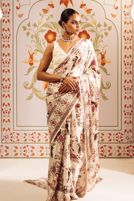 Shop Studio 113 White Satin, Silk Floral Chintz Print Designer Saree at Aza Fashions Shop_Studio 113_White Satin, Silk Floral Chintz Print Designer Saree _at_Aza_Fashions
