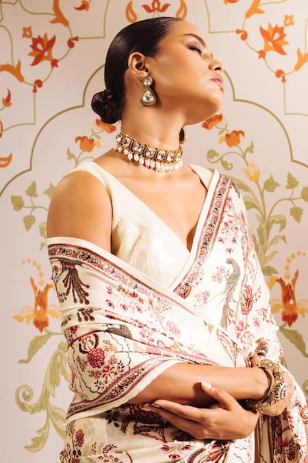 Shop Studio 113 White Satin, Silk Floral Chintz Print Designer Saree Online at Aza Fashions Shop_Studio 113_White Satin, Silk Floral Chintz Print Designer Saree _Online_at_Aza_Fashions