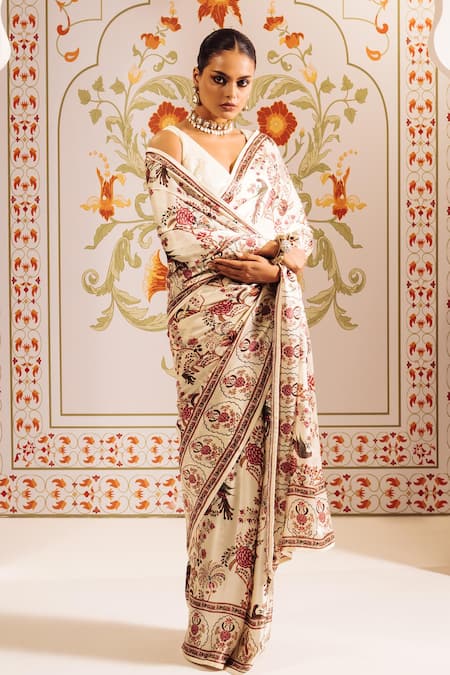 Studio 113 White Satin, Silk Floral Chintz Print Designer Saree at Aza Fashions Studio 113_White Satin, Silk Floral Chintz Print Designer Saree _at_Aza_Fashions