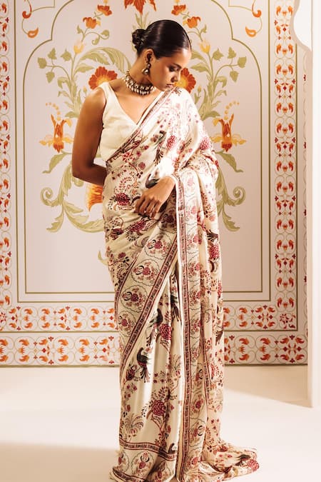 Buy Studio 113 White Satin, Silk Floral Chintz Print Designer Saree Buy_Studio 113_White Satin, Silk Floral Chintz Print Designer Saree