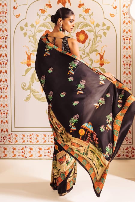 Shop Studio 113 Black Silk, Satin Jaipur Bageecha Printed Saree at Aza Fashions Shop_Studio 113_Black Silk, Satin Jaipur Bageecha Printed Saree _at_Aza_Fashions