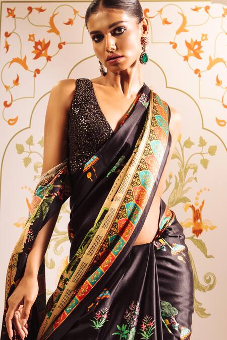 Buy Studio 113 Black Silk, Satin Jaipur Bageecha Printed Saree Online at Aza Fashions Buy_Studio 113_Black Silk, Satin Jaipur Bageecha Printed Saree _Online_at_Aza_Fashions