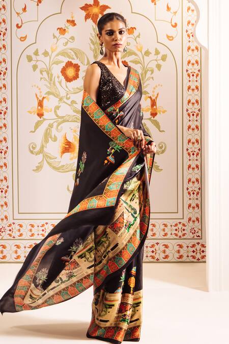 Studio 113 Black Silk, Satin Jaipur Bageecha Printed Saree at Aza Fashions Studio 113_Black Silk, Satin Jaipur Bageecha Printed Saree _at_Aza_Fashions