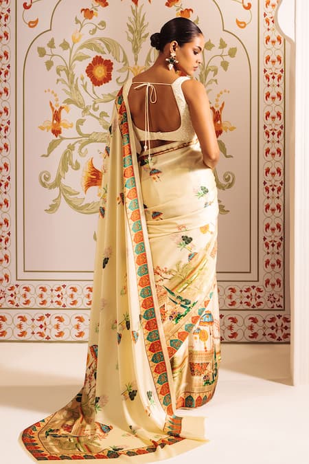 Shop_Studio 113_White Silk, Satin Jaipur Bageecha Printed Saree Set _at_Aza_Fashions