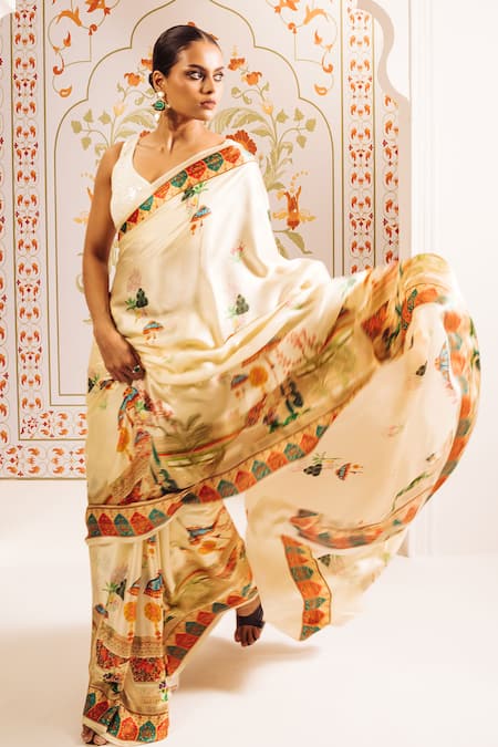 Studio 113_White Silk, Satin Jaipur Bageecha Printed Saree Set _Online_at_Aza_Fashions