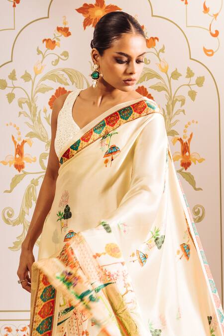 Buy_Studio 113_White Silk, Satin Jaipur Bageecha Printed Saree Set _Online_at_Aza_Fashions
