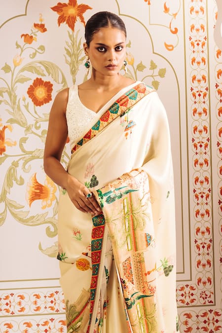 Shop_Studio 113_White Silk, Satin Jaipur Bageecha Printed Saree Set _Online_at_Aza_Fashions