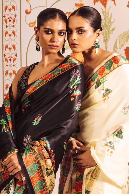 Studio 113_White Silk, Satin Jaipur Bageecha Printed Saree Set _at_Aza_Fashions