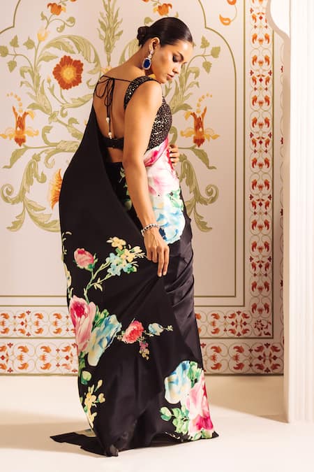 Shop_Studio 113_Black Silk, Satin Floral Abstract Print Saree _at_Aza_Fashions