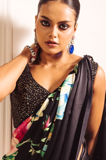 Studio 113_Black Silk, Satin Floral Abstract Print Saree _Online_at_Aza_Fashions