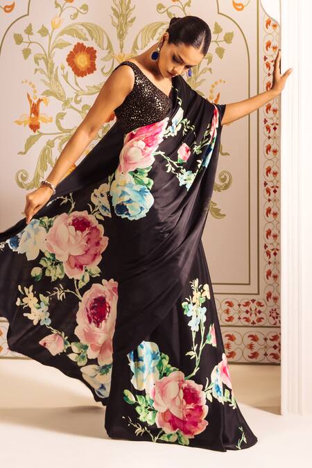 Shop_Studio 113_Black Silk, Satin Floral Abstract Print Saree _Online_at_Aza_Fashions