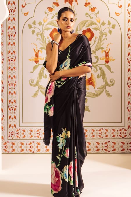 Studio 113_Black Silk, Satin Floral Abstract Print Saree _at_Aza_Fashions