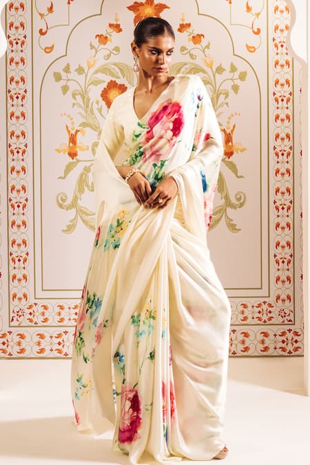 Studio 113 White Abstract Floral Print Saree 