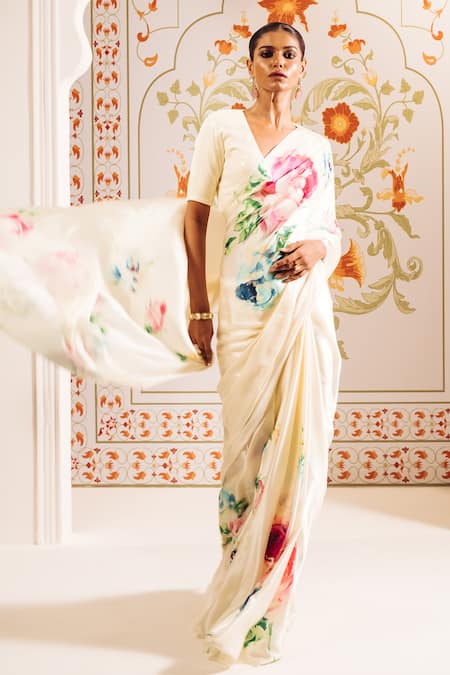 Shop Studio 113 White Silk, Satin Abstract Floral Print Saree Online at Aza Fashions Shop_Studio 113_White Silk, Satin Abstract Floral Print Saree _Online_at_Aza_Fashions