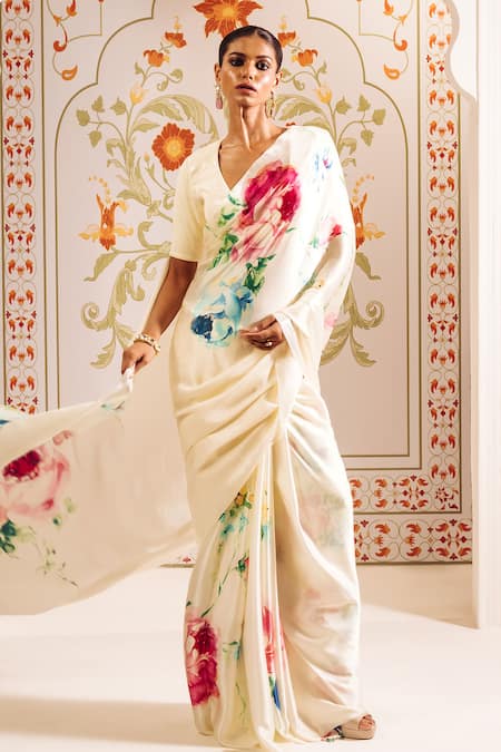 Studio 113 White Silk, Satin Abstract Floral Print Saree at Aza Fashions Studio 113_White Silk, Satin Abstract Floral Print Saree _at_Aza_Fashions