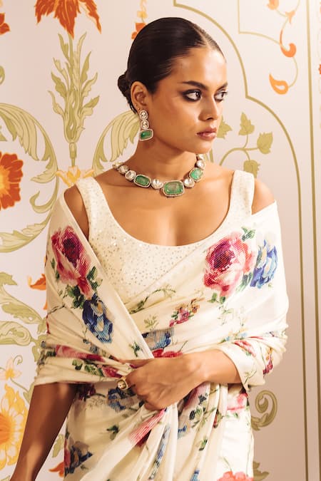 Studio 113_White Satin, Silk Floral Garden Print Saree With Blouse _Online_at_Aza_Fashions