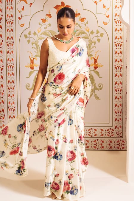 Buy_Studio 113_White Satin, Silk Floral Garden Print Saree With Blouse _Online_at_Aza_Fashions