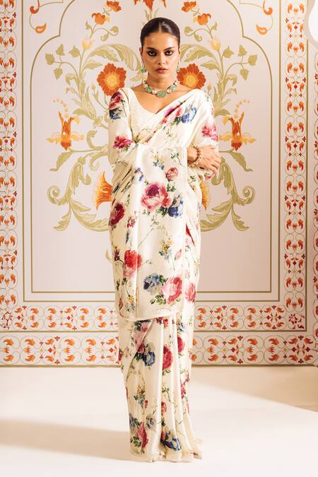 Shop_Studio 113_White Satin, Silk Floral Garden Print Saree With Blouse _Online_at_Aza_Fashions