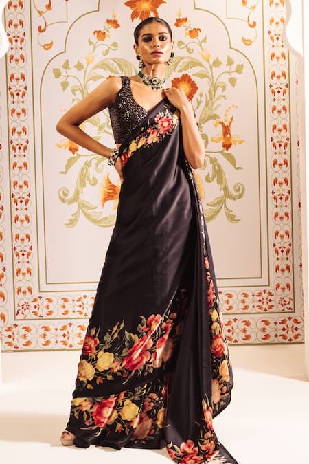 Studio 113 Floral Border Print Black Saree 