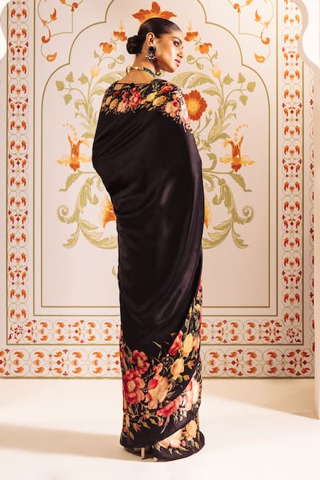 Studio 113 Floral Border Print Black Saree 