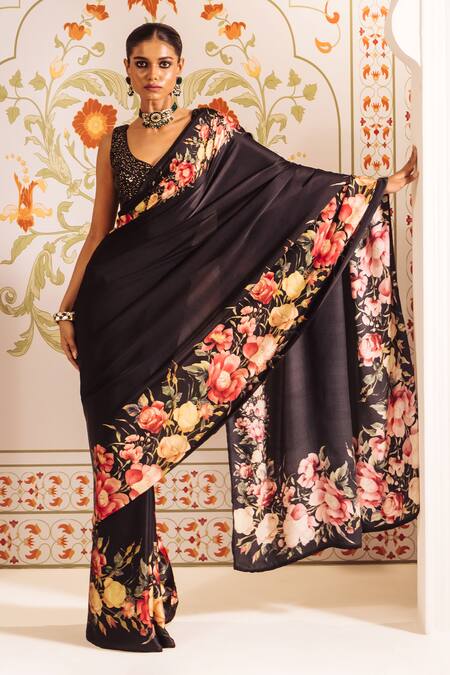 Buy Studio 113 Black Satin, Silk Floral Border Print Saree Online at Aza Fashions Buy_Studio 113_Black Satin, Silk Floral Border Print Saree _Online_at_Aza_Fashions