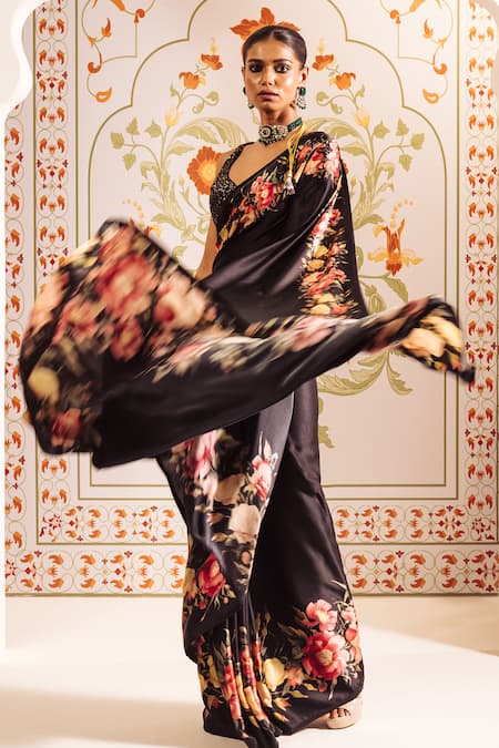 Shop Studio 113 Black Satin, Silk Floral Border Print Saree Online at Aza Fashions Shop_Studio 113_Black Satin, Silk Floral Border Print Saree _Online_at_Aza_Fashions