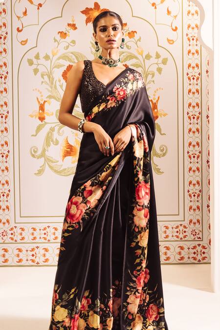 Studio 113 Black Satin, Silk Floral Border Print Saree at Aza Fashions Studio 113_Black Satin, Silk Floral Border Print Saree _at_Aza_Fashions