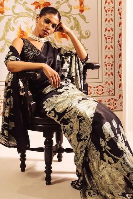 Shop Studio 113 Black Silk, Satin Embroidery Kantha Print Saree With Blouse Online at Aza Fashions Shop_Studio 113_Black Silk, Satin Embroidery Kantha Print Saree With Blouse _Online_at_Aza_Fashions