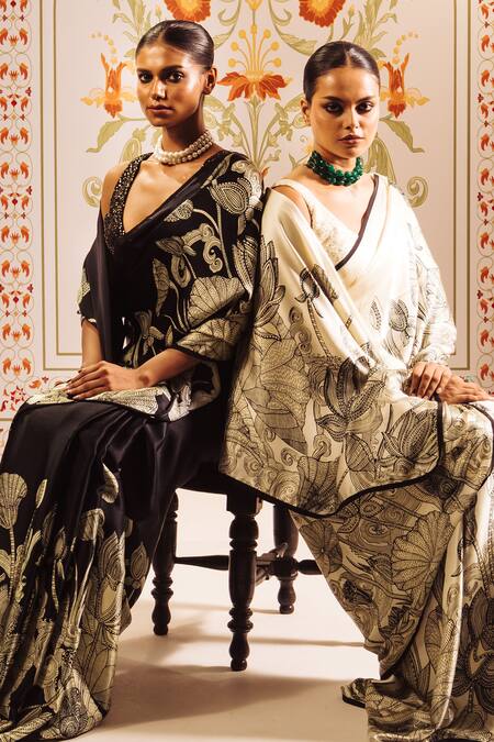 Studio 113 Black Silk, Satin Embroidery Kantha Print Saree With Blouse at Aza Fashions Studio 113_Black Silk, Satin Embroidery Kantha Print Saree With Blouse _at_Aza_Fashions