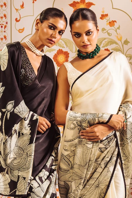 Studio 113 White Silk, Satin Embroidery Kantha Mandala Print Saree With Blouse Online at Aza Fashions Studio 113_White Silk, Satin Embroidery Kantha Mandala Print Saree With Blouse _Online_at_Aza_Fashions