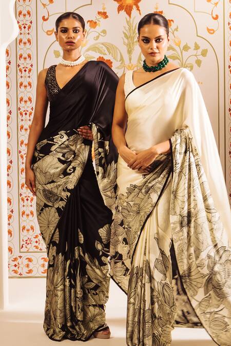 Buy Studio 113 White Silk, Satin Embroidery Kantha Mandala Print Saree With Blouse Online at Aza Fashions Buy_Studio 113_White Silk, Satin Embroidery Kantha Mandala Print Saree With Blouse _Online_at_Aza_Fashions