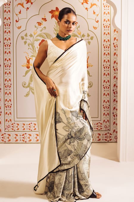 Shop Studio 113 White Silk, Satin Embroidery Kantha Mandala Print Saree With Blouse Online at Aza Fashions Shop_Studio 113_White Silk, Satin Embroidery Kantha Mandala Print Saree With Blouse _Online_at_Aza_Fashions